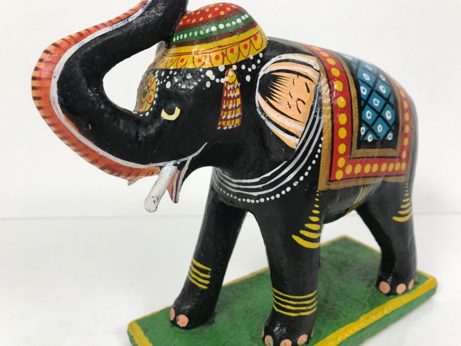 Hand Painted Wooden Sculpture Of Elephant With Raised Trunk From India [Photo 13]