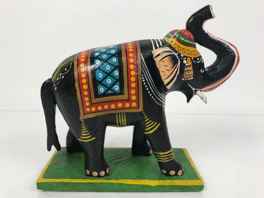 Hand Painted Wooden Sculpture Of Elephant With Raised Trunk From India [Photo 1]
