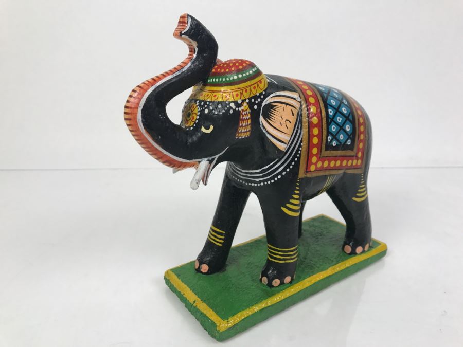 Hand Painted Wooden Sculpture Of Elephant With Raised Trunk From India [Photo 11]