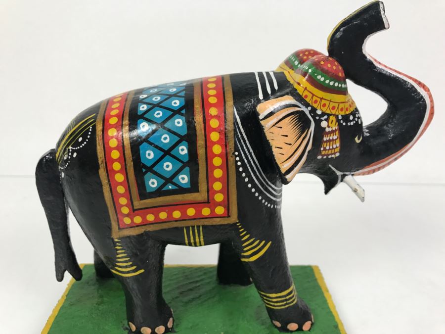 Hand Painted Wooden Sculpture Of Elephant With Raised Trunk From India [Photo 5]