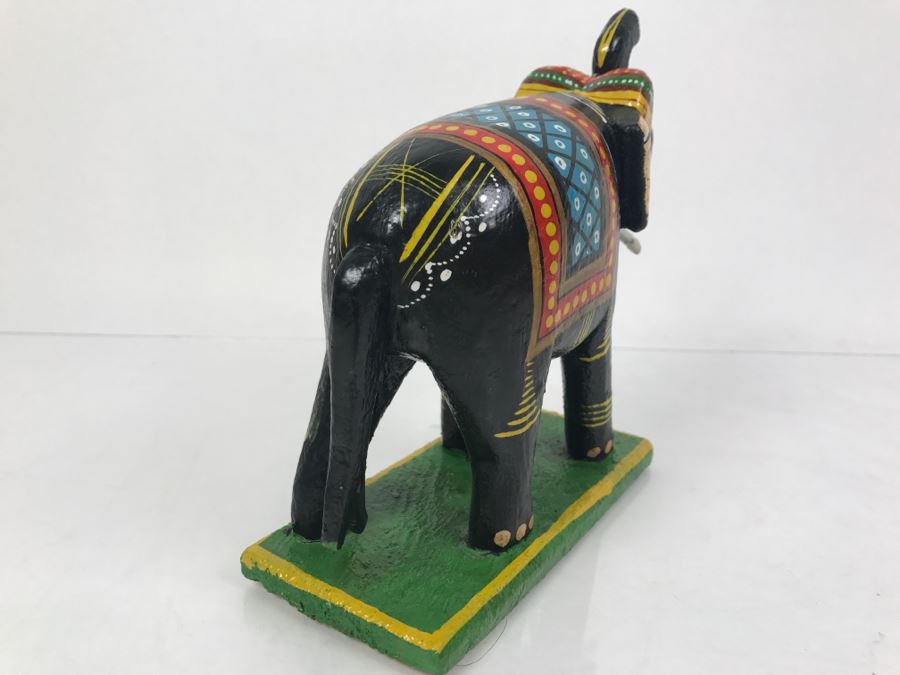 Hand Painted Wooden Sculpture Of Elephant With Raised Trunk From India [Photo 7]