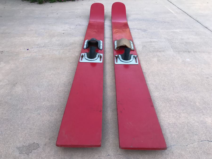 Pair Of Vintage Red Wooden Water Skis [Photo 2]