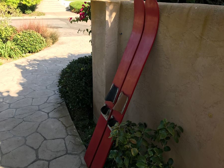 Pair Of Vintage Red Wooden Water Skis