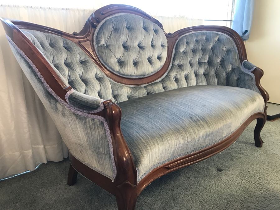 Antique Carved Wood Tufted Loveseat Settee [Photo 8]