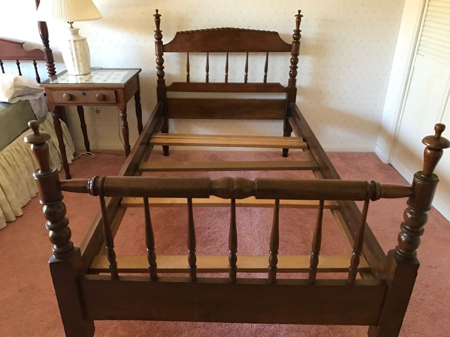 Vintage Turned Walnut Wooden TWIN SIZE Bed Headboard And Footboard With Frame (Bedding, Mattress And Boxspring Not Included)