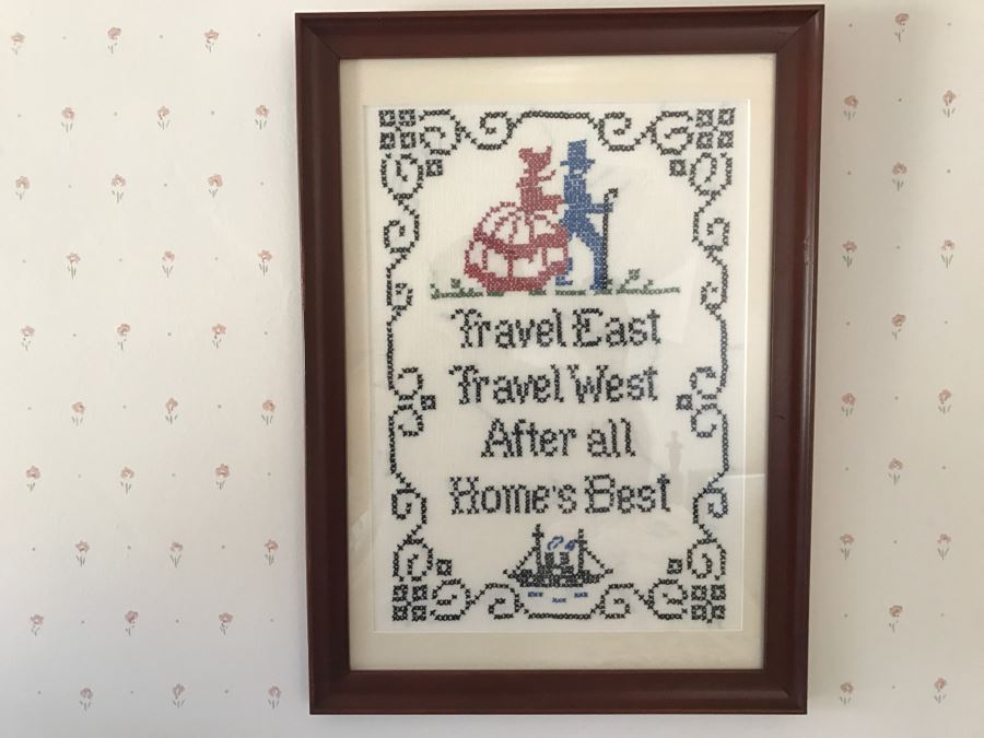 Vintage Framed Needlepoint 'Travel East Travel West After All Home's Best'