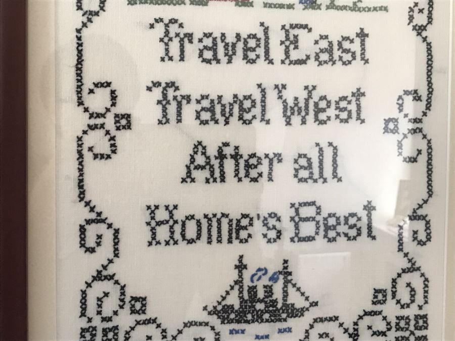 Vintage Framed Needlepoint 'Travel East Travel West After All Home's Best' [Photo 3]