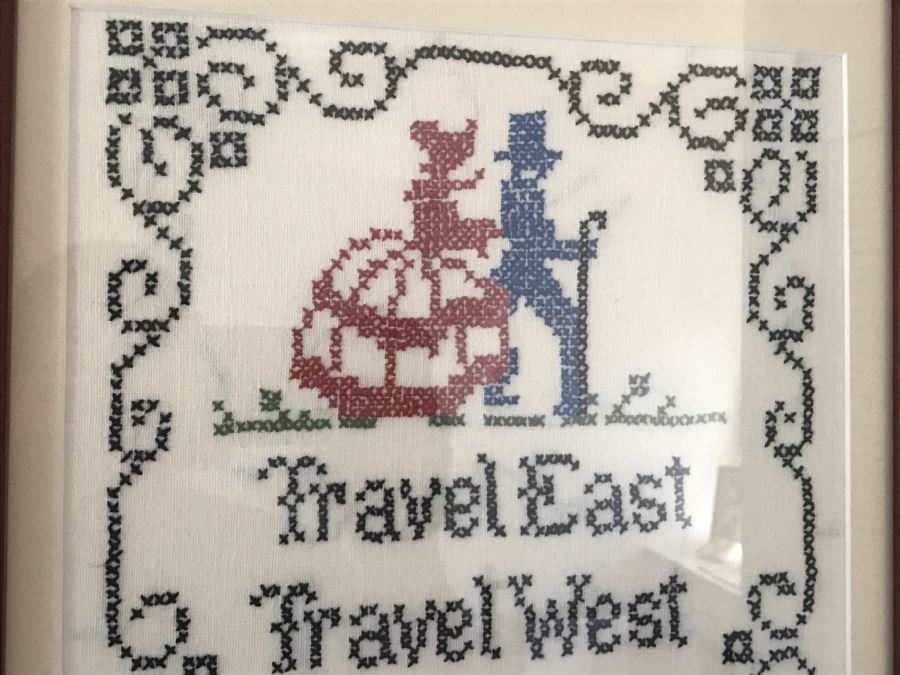 Vintage Framed Needlepoint 'Travel East Travel West After All Home's Best' [Photo 2]