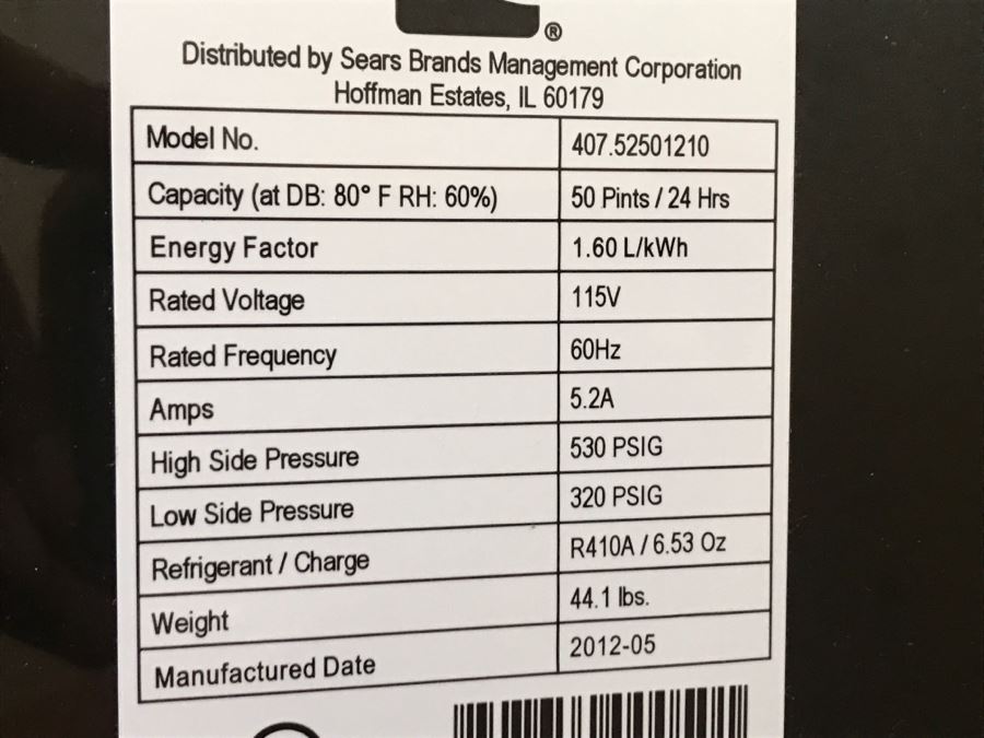 Kenmore 50 Pint Dehumidifier White Model No. 407.52501210 [Photo 5]