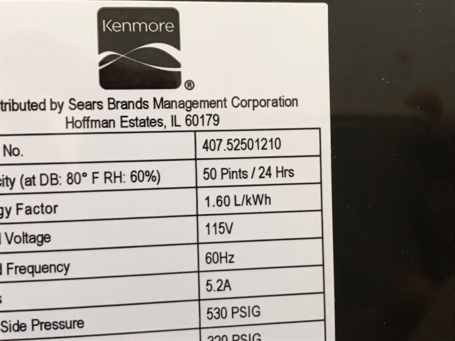 Kenmore 50 Pint Dehumidifier White Model No. 407.52501210 [Photo 6]