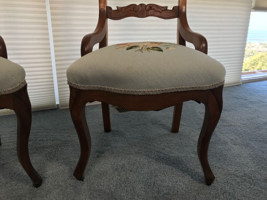 Pair Of Antique Carved Wooden Needlepoint Chairs With Fruit Motif [Photo 10]