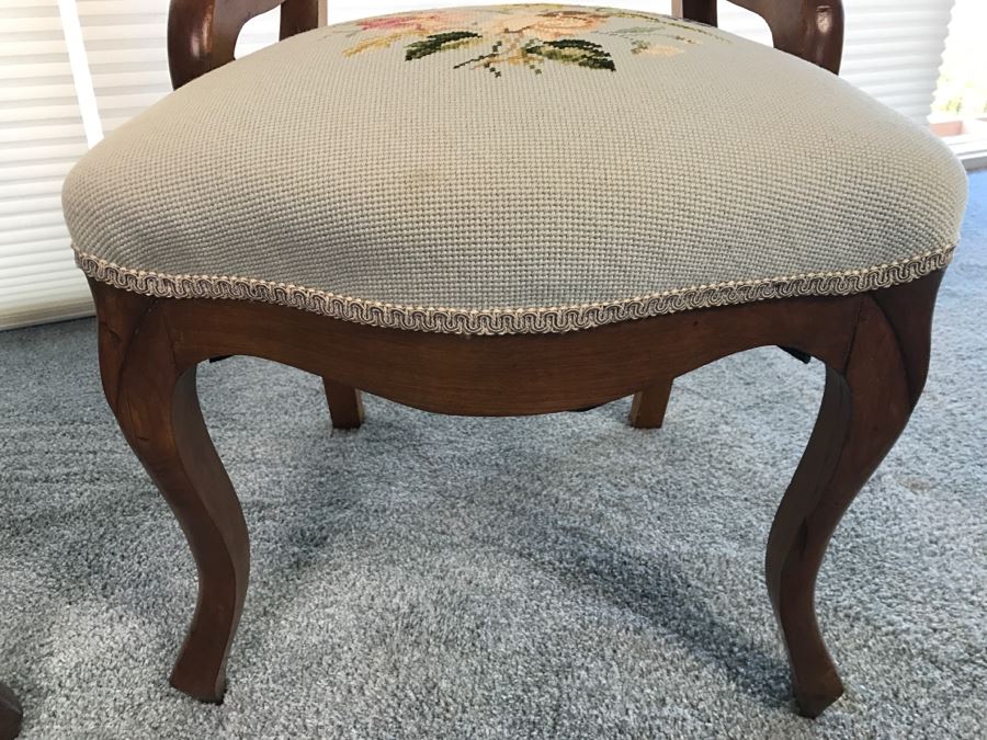 Pair Of Antique Carved Wooden Needlepoint Chairs With Fruit Motif [Photo 9]