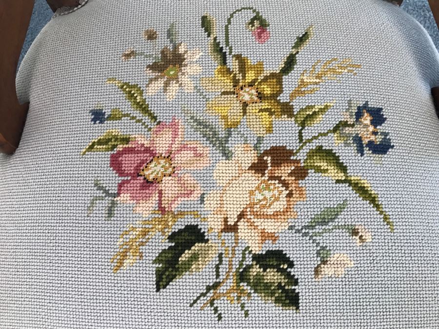 Pair Of Antique Carved Wooden Needlepoint Chairs With Fruit Motif [Photo 8]