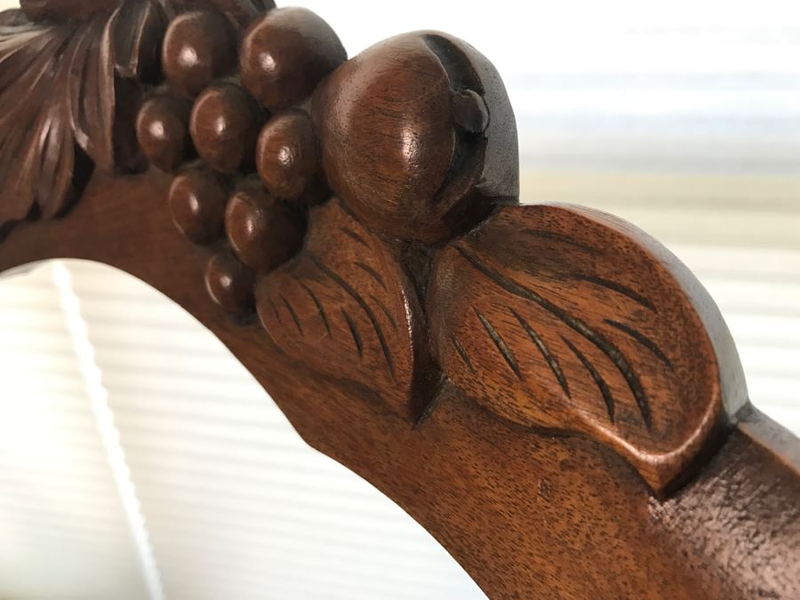 Pair Of Antique Carved Wooden Needlepoint Chairs With Fruit Motif [Photo 5]