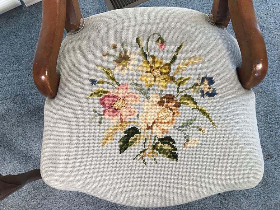 Pair Of Antique Carved Wooden Needlepoint Chairs With Fruit Motif [Photo 4]