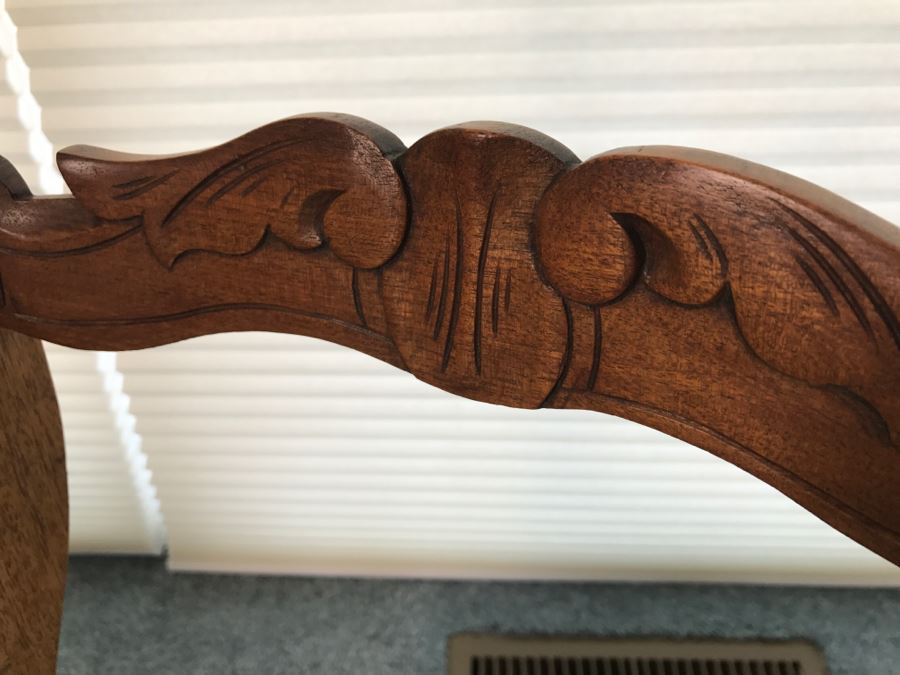 Pair Of Antique Carved Wooden Needlepoint Chairs With Fruit Motif [Photo 7]