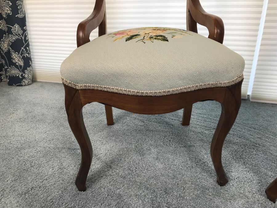 Pair Of Antique Carved Wooden Needlepoint Chairs With Fruit Motif [Photo 17]