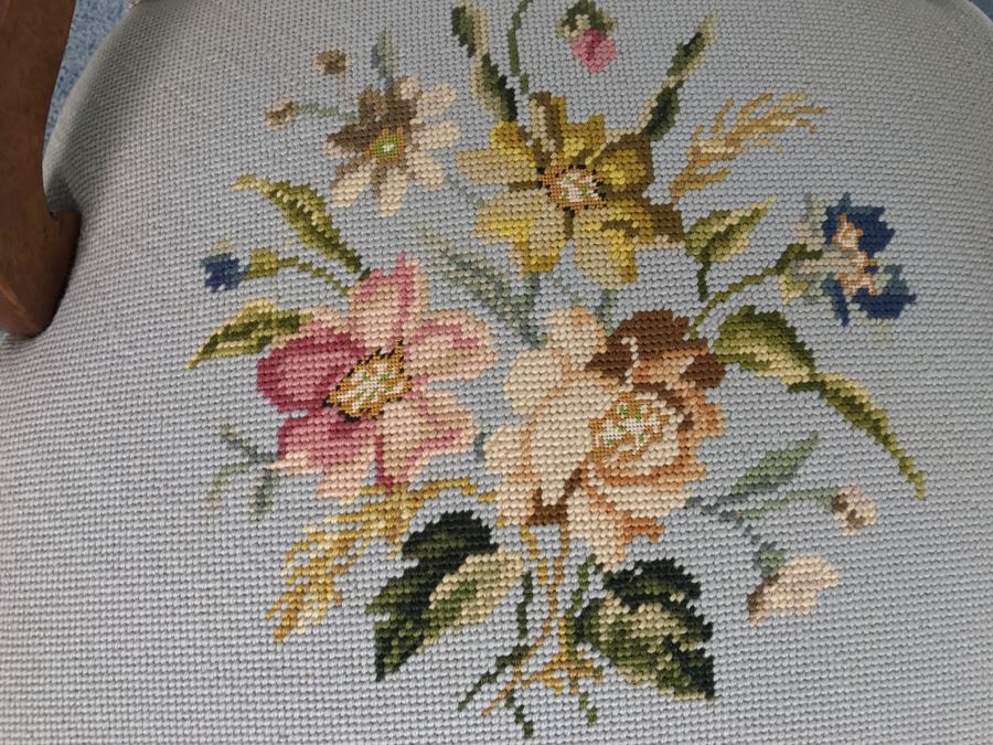 Pair Of Antique Carved Wooden Needlepoint Chairs With Fruit Motif [Photo 12]