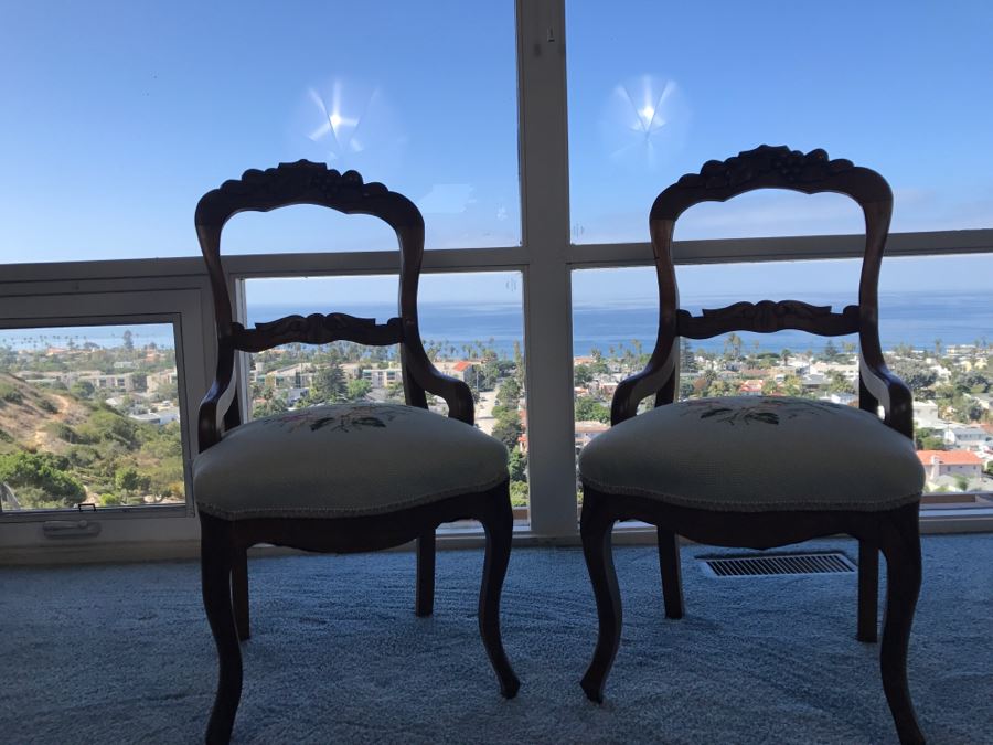 Pair Of Antique Carved Wooden Needlepoint Chairs With Fruit Motif [Photo 20]