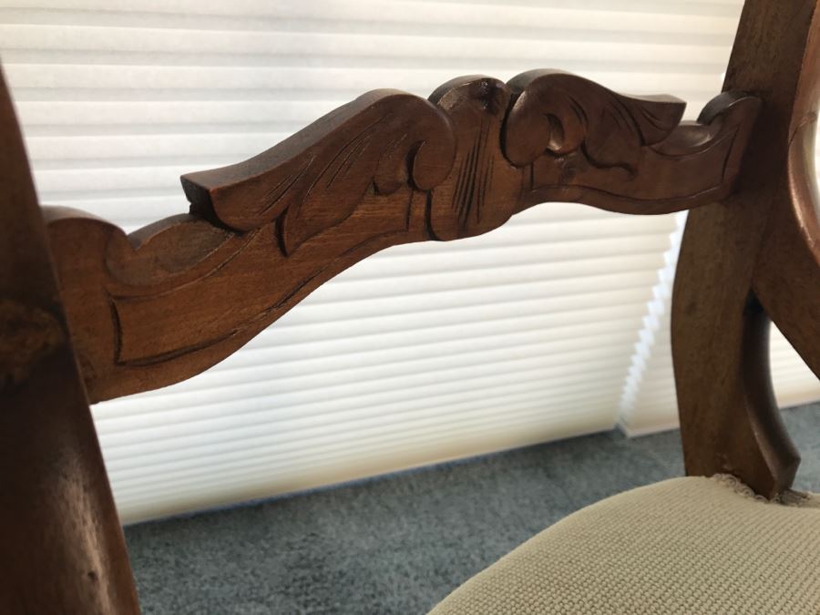 Pair Of Antique Carved Wooden Needlepoint Chairs With Fruit Motif [Photo 16]