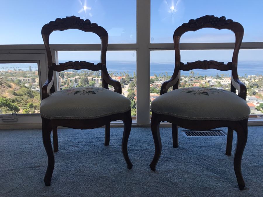 Pair Of Antique Carved Wooden Needlepoint Chairs With Fruit Motif [Photo 21]
