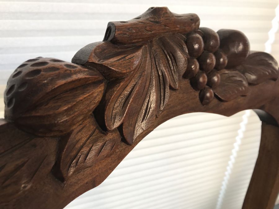 Pair Of Antique Carved Wooden Needlepoint Chairs With Fruit Motif [Photo 15]