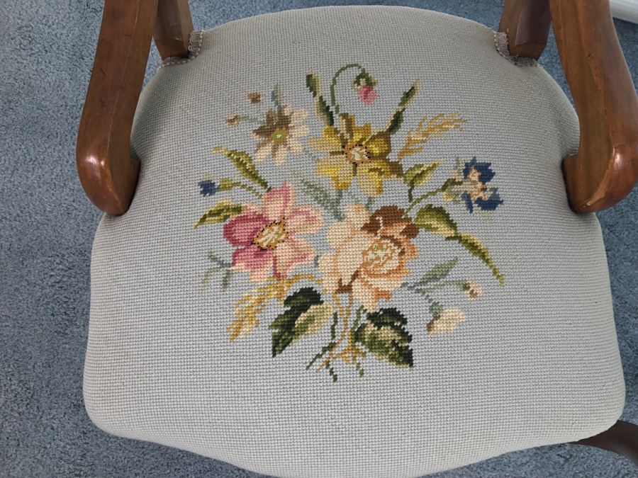 Pair Of Antique Carved Wooden Needlepoint Chairs With Fruit Motif [Photo 11]