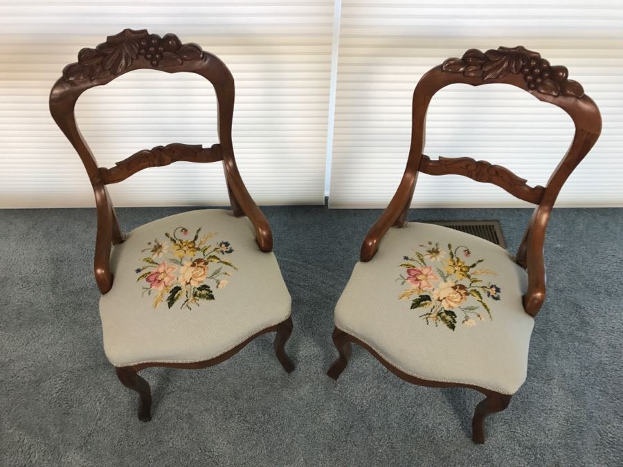 Pair Of Antique Carved Wooden Needlepoint Chairs With Fruit Motif [Photo 18]