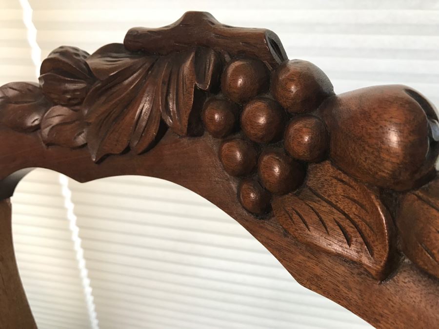 Pair Of Antique Carved Wooden Needlepoint Chairs With Fruit Motif [Photo 3]