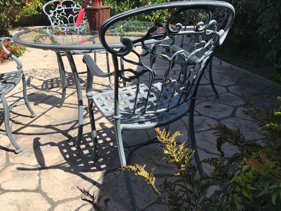 Ethan Allen Aluminum Outdoor Patio Furniture Set With Vine Motif 4 Chairs And Round Glass Top Table [Photo 9]