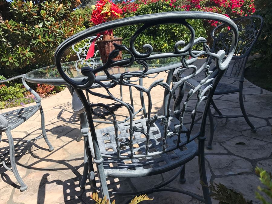 Ethan Allen Aluminum Outdoor Patio Furniture Set With Vine Motif 4 Chairs And Round Glass Top Table [Photo 10]
