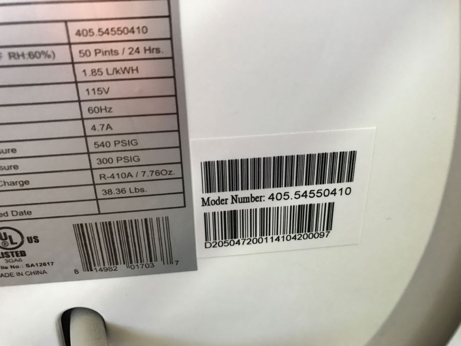 Kenmore Dehumidifier Model No. 405.54550410 [Photo 6]
