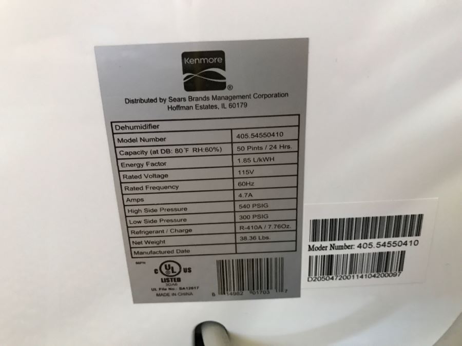 Kenmore Dehumidifier Model No. 405.54550410 [Photo 4]