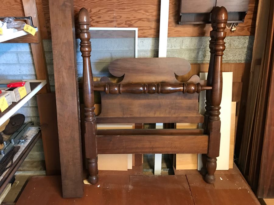 Vintage Turned Walnut Wooden TWIN SIZE Bed Headboard And Footboard With Frame