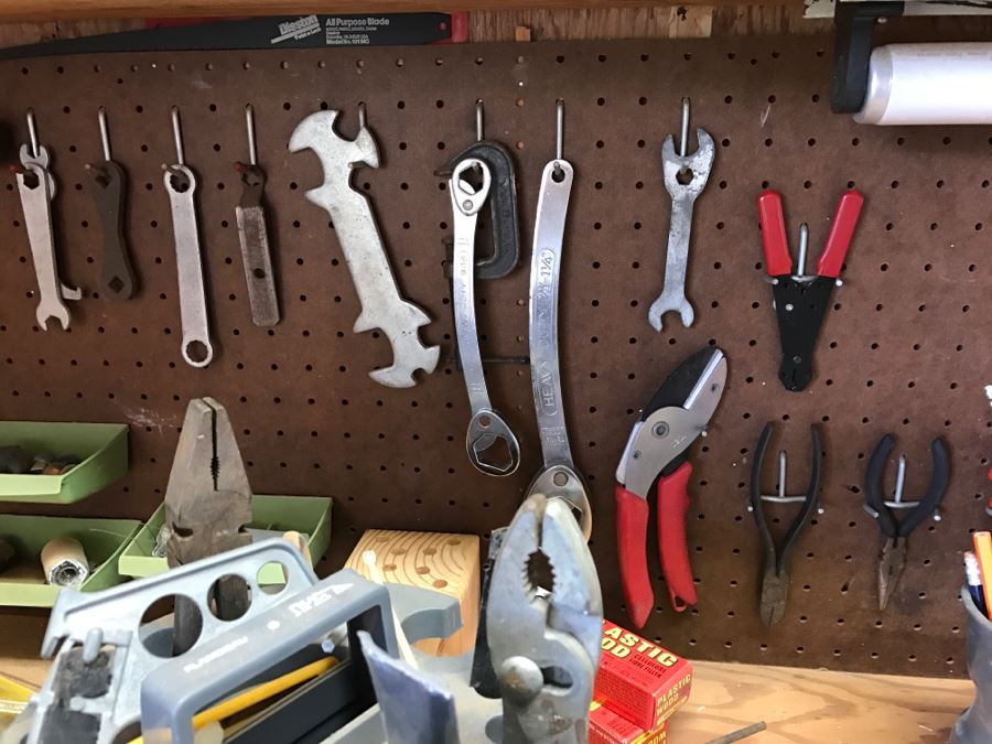 Various Tools Shown On Counter And Wall Including Wiss Shears, Hammers, Screwdrivers, Bolt Cutters, Wrenches And More [Photo 8]