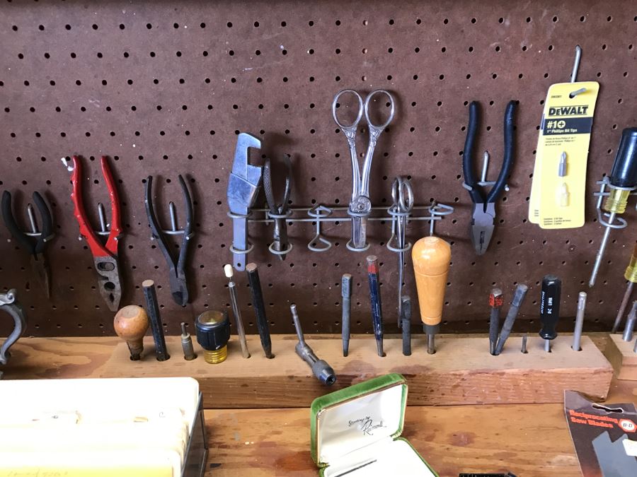 Various Tools Shown On Counter And Wall Including Wiss Shears, Hammers, Screwdrivers, Bolt Cutters, Wrenches And More [Photo 11]