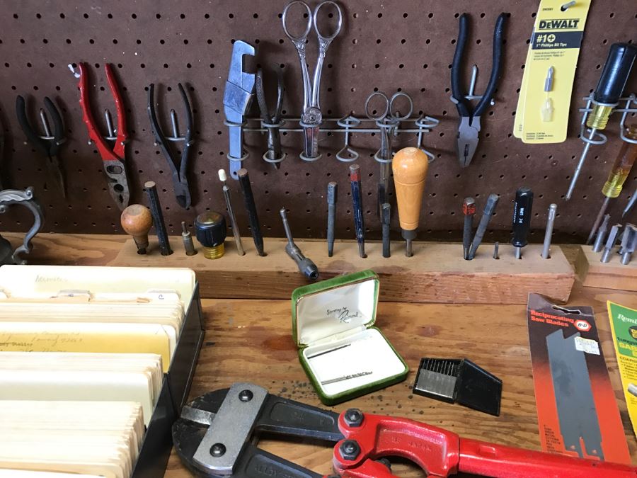 Various Tools Shown On Counter And Wall Including Wiss Shears, Hammers, Screwdrivers, Bolt Cutters, Wrenches And More [Photo 16]
