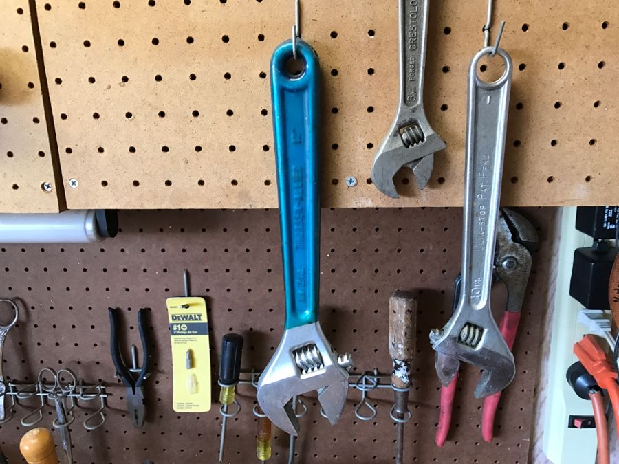 Various Tools Shown On Counter And Wall Including Wiss Shears, Hammers, Screwdrivers, Bolt Cutters, Wrenches And More [Photo 17]