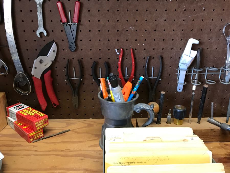 Various Tools Shown On Counter And Wall Including Wiss Shears, Hammers, Screwdrivers, Bolt Cutters, Wrenches And More [Photo 9]