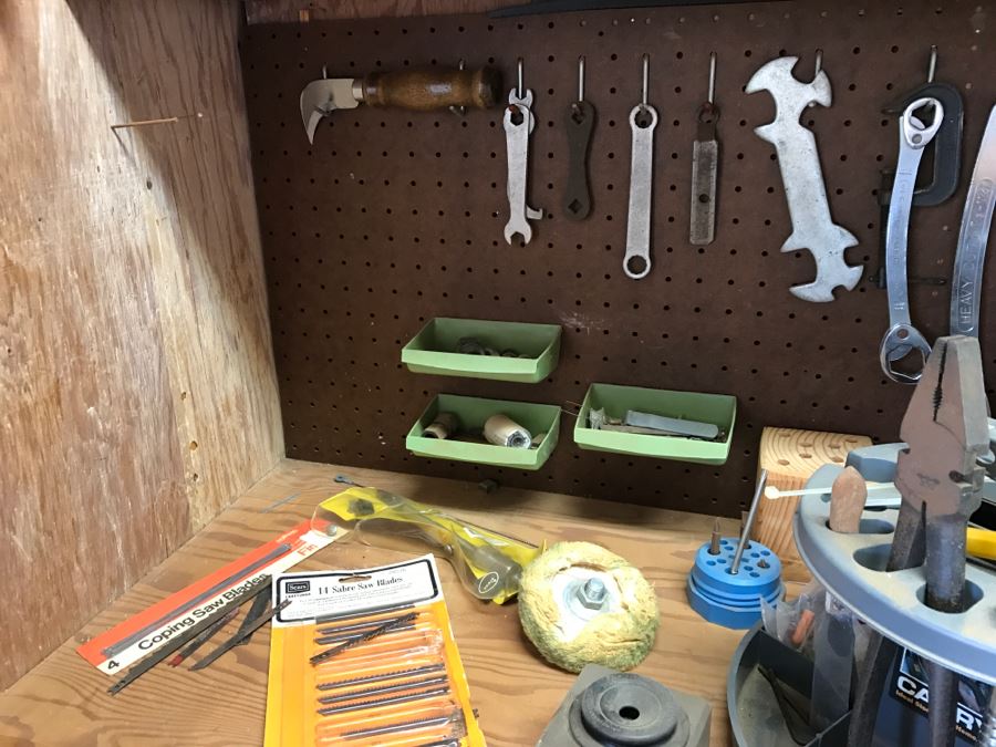 Various Tools Shown On Counter And Wall Including Wiss Shears, Hammers, Screwdrivers, Bolt Cutters, Wrenches And More [Photo 7]