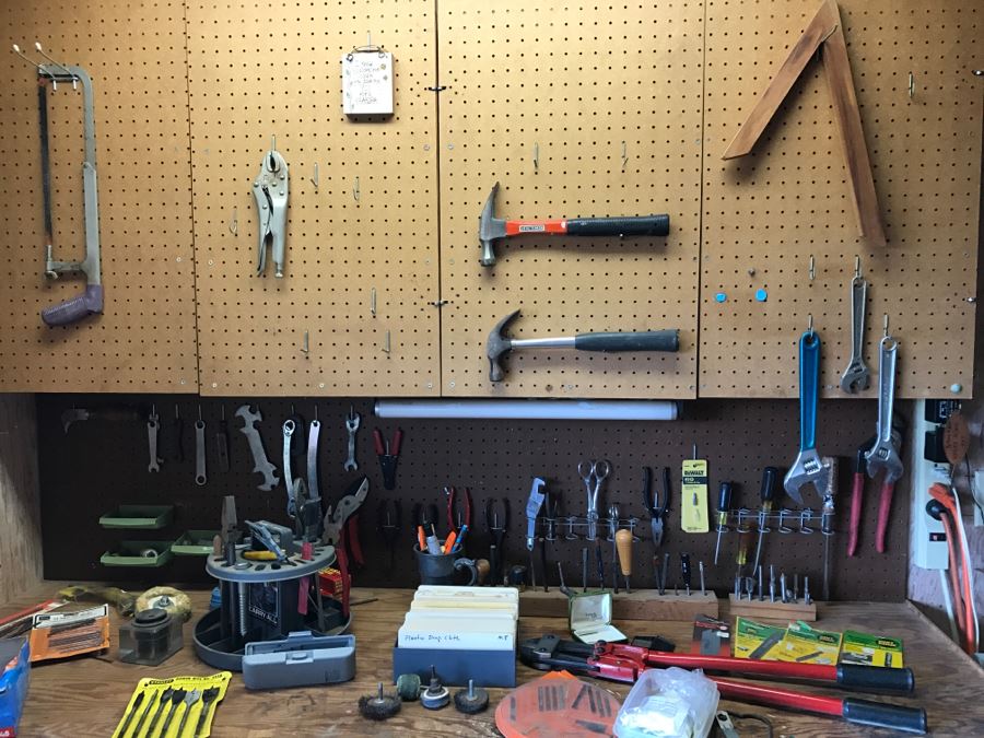Various Tools Shown On Counter And Wall Including Wiss Shears, Hammers, Screwdrivers, Bolt Cutters, Wrenches And More