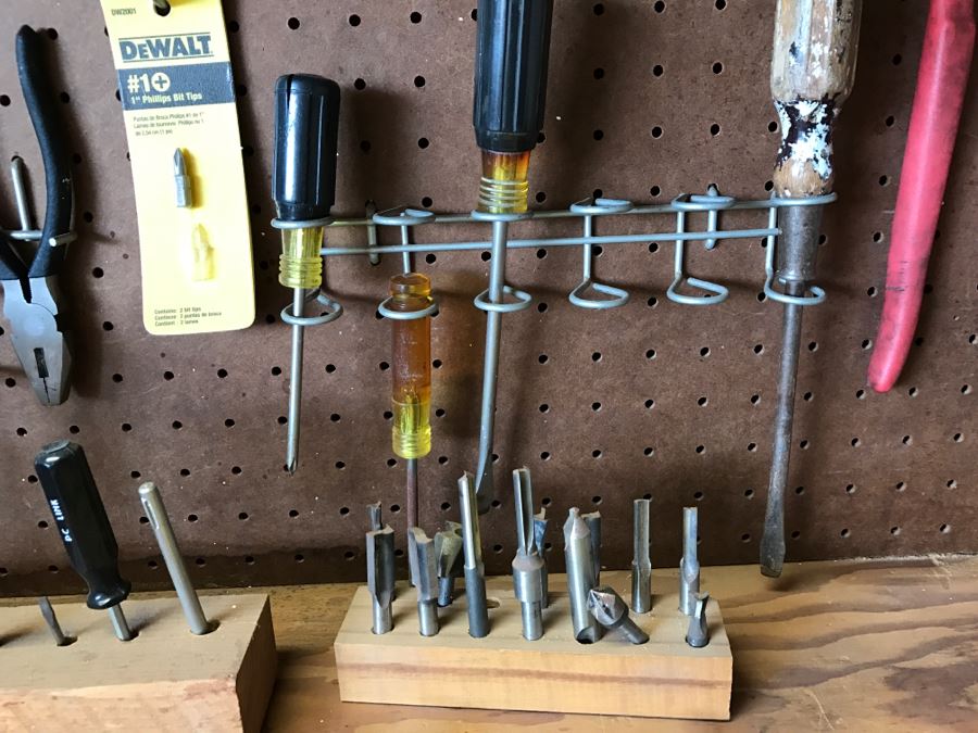 Various Tools Shown On Counter And Wall Including Wiss Shears, Hammers, Screwdrivers, Bolt Cutters, Wrenches And More [Photo 18]