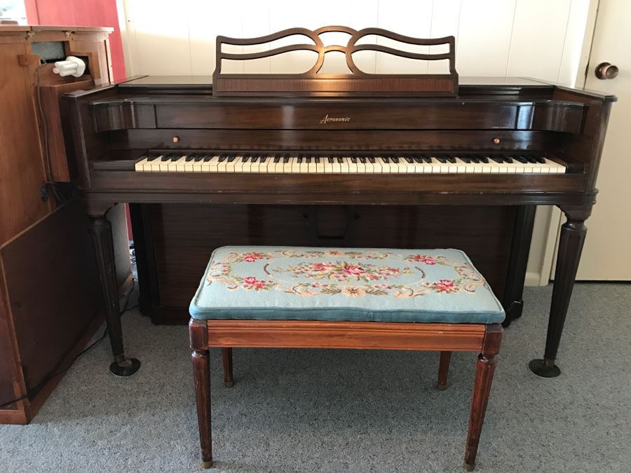 Top Of The Line Baldwin Acrosonic Spinet Piano With Stunning Needlepoint Bench Appraised At $1,489