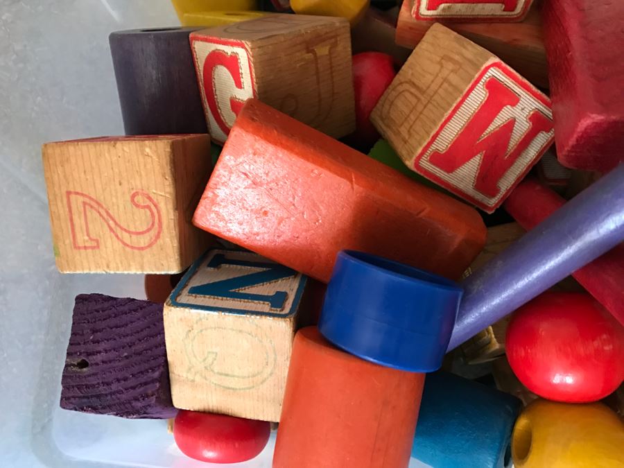 Vintage Bin Of Child Toy Wooden Blocks [Photo 3]