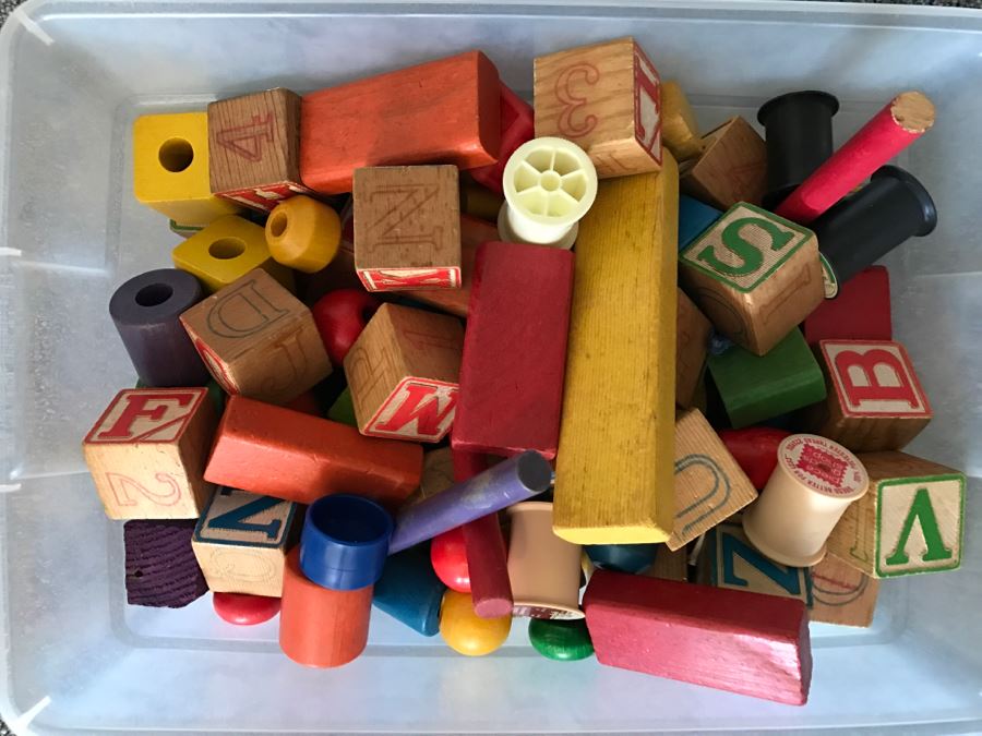 Vintage Bin Of Child Toy Wooden Blocks [Photo 1]