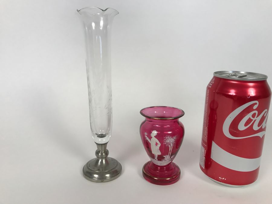 Small Victorian Vase And Pewter And Etched Glass Vase [Photo 2]