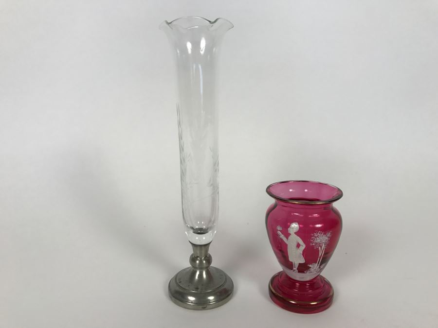 Small Victorian Vase And Pewter And Etched Glass Vase [Photo 1]