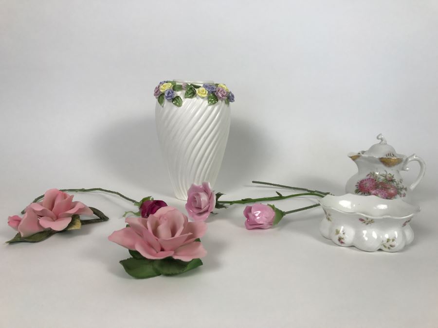 Porcelain Rose Flowers, Vase And Small Pitcher With Bowl