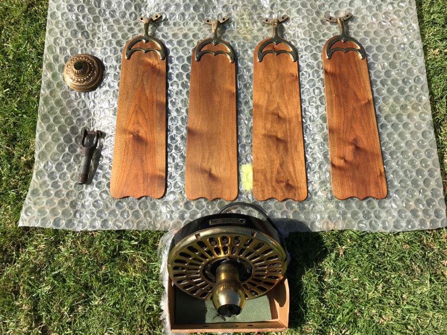 Antique Commercial Grade Mercantile Brass Ceiling Fan Hunter Fan & Motor Co - Very Heavy - Wooden Paddles Have Been Refinished [Photo 3]
