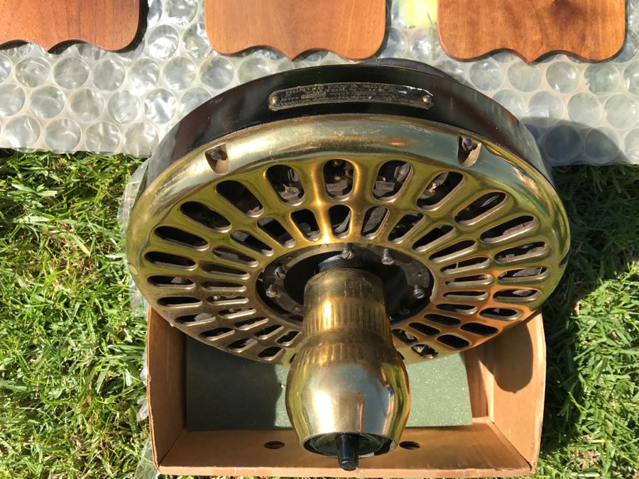 Antique Commercial Grade Mercantile Brass Ceiling Fan Hunter Fan & Motor Co - Very Heavy - Wooden Paddles Have Been Refinished [Photo 4]